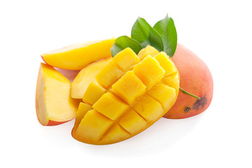 mango slice with green leaves isolated on white background. top view
