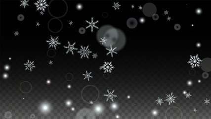 Christmas  Vector Background with White Falling Snowflakes Isolated on Transparent Background. Realistic Snow Sparkle Pattern. Snowfall Overlay Print. Winter Sky. Design for Party Invitation.