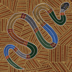 Australian Aboriginal styled dot painting artwork. A snake. Original digital illustration.