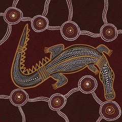 Australian Aboriginal styled dot painting artwork. A crocodile. Original digital illustration.