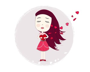 Holding heart sadness girl. Loneliness girl. Happy Valentine's day greeting card