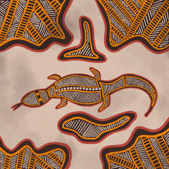 Australian Aboriginal styled dot painting artwork. A goanna lizard. Original digital illustration.
