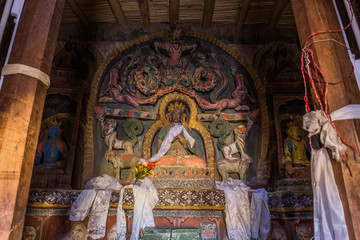 Fototapeta na wymiar Main altar, Senge Lhakhang at Lamayuru Monastery, Ladakh, India.