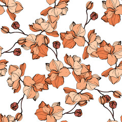 Vector Orange orchid botanical flower. Engraved ink art. Seamless background pattern. Fabric wallpaper print texture.