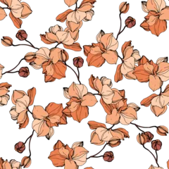 No drill blackout roller blinds Orchidee Vector Orange orchid botanical flower. Engraved ink art. Seamless background pattern. Fabric wallpaper print texture.