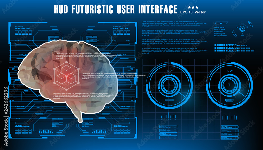 Poster futuristic design of an artificial intelligence brain with futuristic hud element, scanner