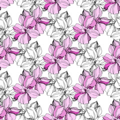 Vector Pink and blue orchid flower. Engraved ink art. Seamless background pattern. Fabric wallpaper print texture.