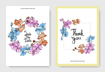 Vector Orchid flower. Engraved ink art. Wedding background card border. Thank you, rsvp, invitation illustration.
