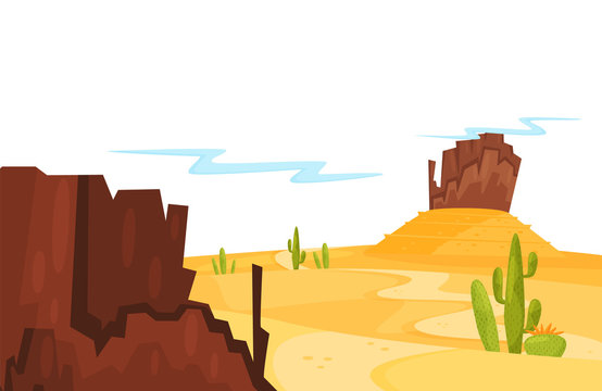 Landscape of sandy desert with green cacti and brown rocky mountains. Cartoon natural scenery. Flat vector design