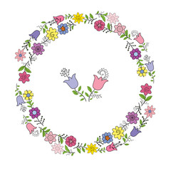 Colorful wreath from various spring flowers. Individual elements on a white background,vector hand drawing illustration.
