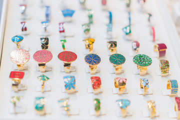 beautiful women's rings in the store. close up.
