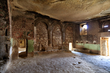 View of the ruins of a large hall of the underground ancient temple of a church in Cappadocia
