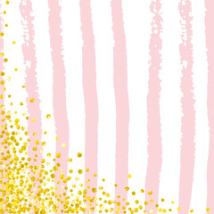 Gold glitter dots confetti on pink stripes. Random falling sequins with glossy sparkles. Design with gold glitter dots for party invitation, event banner, flyer, birthday card.