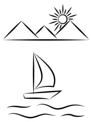 Sailboat on the waves against the rising sun from the mountains, oriental style, monochrome pattern on a transparent background