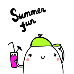 Summer fun hand drawn illustration with cute marshmallow holding cocktail