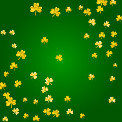 Shamrock background for Saint Patricks Day. Lucky trefoil confetti. Glitter frame of clover leaves.	 Template for special business offer, banner, flyer. Festive shamrock background.
