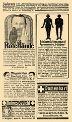 Advertising page in German book of early '900, with remedy for red hands, kock-kneed, ladies facial hair, stomach ache and cosmetics