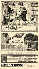 Advertising page in German book of early '900 about books, remedy for hearing-impaired people, correction of nose defects and diabetes treatment