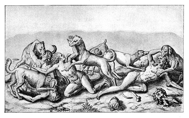 Conquest of the Inca empire by  Spanish conquistador Francisco Pizarro in XVI century: aborigines mauled by bloodhounds