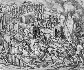conquest of the Inca empire by Spanish conquistador Francisco Pizarro in XVI century: Spanish soldiers exterminate aborigines fortified camp - obrazy, fototapety, plakaty