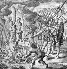 conquest of the Inca empire by Spanish conquistador Francisco Pizarro in XVI century: cruelty and abuse against aborigines, fire torture to extort gold