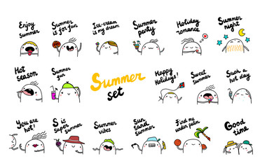 Summer set hand drawn illustrations with cute marshmallow