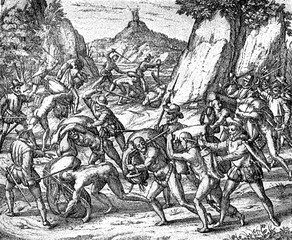 conquest of the Inca empire by Spanish conquistador Francisco Pizarro in XVI century: cruelty and abuse of slaves by the Spanish army on the road to Peru