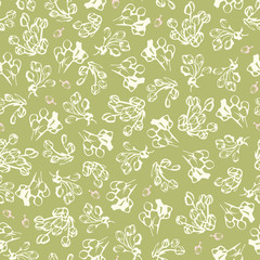 Green pattern with cream silhouette blossom and pink flower buds. Surface pattern design.