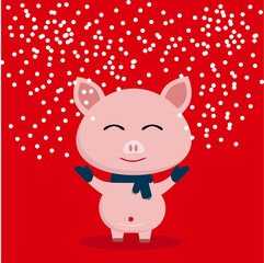 happy pig on red background snow