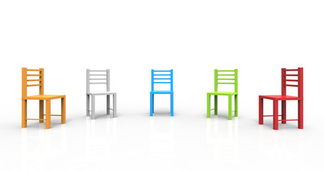 colorful chairs isolated on white background. Means meeting, duty, discuss. 3d illustration.
