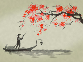 Japan traditional sumi-e painting. Watercolor and ink illustration in style sumi-e, u-sin. Fuji mountain, sakura, sunset. Japan sun. Indian ink illustration. Japanese picture.