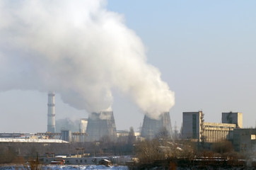 Thermal power plant with chimneys, industrial landscape