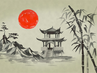 Japan traditional sumi-e painting. Watercolor and ink illustration in style sumi-e, u-sin. Fuji mountain, sakura, sunset. Japan sun. Indian ink illustration. Japanese picture.
