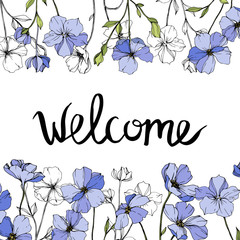 Vector Blue flax botanical flower. Wild spring leaf wildflower. Engraved ink art. Frame border ornament square. [text] handwriting monogram calligraphy.