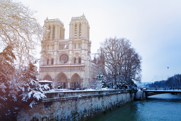 Seine river embankment and Notre-Dame in snow