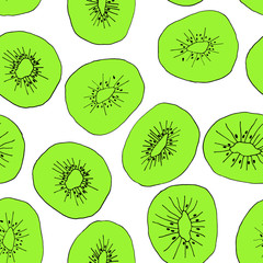 Seamless pattern with kiwi fruit on a white background. Hand drawn vector doodle. Tropical background. Slice of kiwi with seeds.