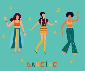 Iluustration with dancing women in bright clothes. Girl power background. Art can be used for International Women's Day.