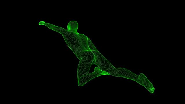 4K Futuristic Wireframe Android AI Man Jumping Flying Seamless Loop