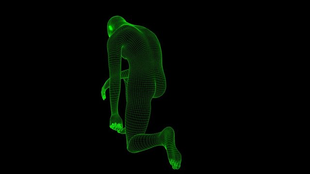 4K Futuristic Wireframe Android AI Man Knee Down Pose Seamless Loop
