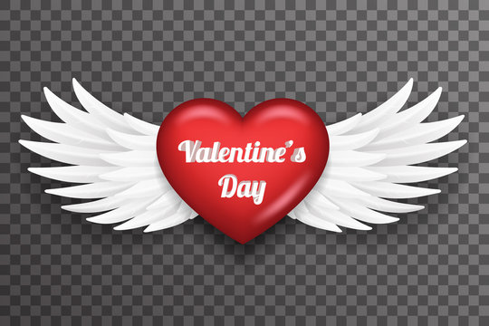 Valentine day heart white bird angel fly wings 3d realistic design transparent background vector illustration