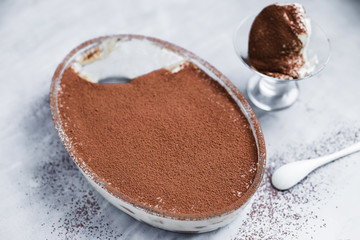 Italian Tiramisu dessert homemade selective focus