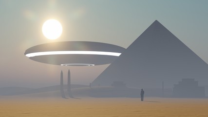 3d UFO hanging in the sky over the ancient pyramidsv
