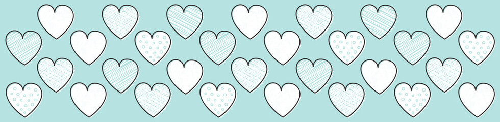 Beautiful hand drawn hearts - panoramic banner. Valentine's Day, Mother's Day and Women's Day. Vector