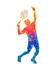 Abstract tennis player with a racket from splash of watercolors