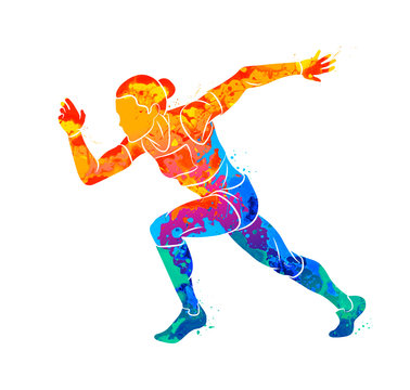 Abstract of a running woman short distance sprinter from splash of watercolors