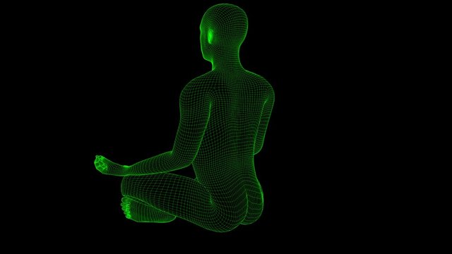 4K Futuristic Wireframe Android AI Man Yoga Lotus Meditation Seamless Loop