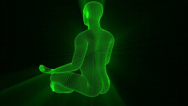 4K Futuristic Wireframe Android AI Shine Man Yoga Lotus Meditation Seamless Loop