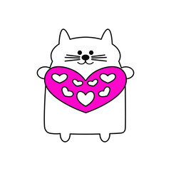 Cute cat with pink heart in black outline on white background.