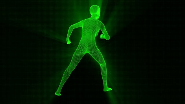 4K Futuristic Wireframe Android AI Shine Woman Fighting Pose Seamless Loop