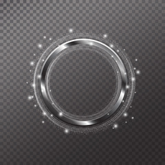 Vector silver frame with lights effects. Shining circle banner. Isolated on transparent background. Vector illustration, eps 10